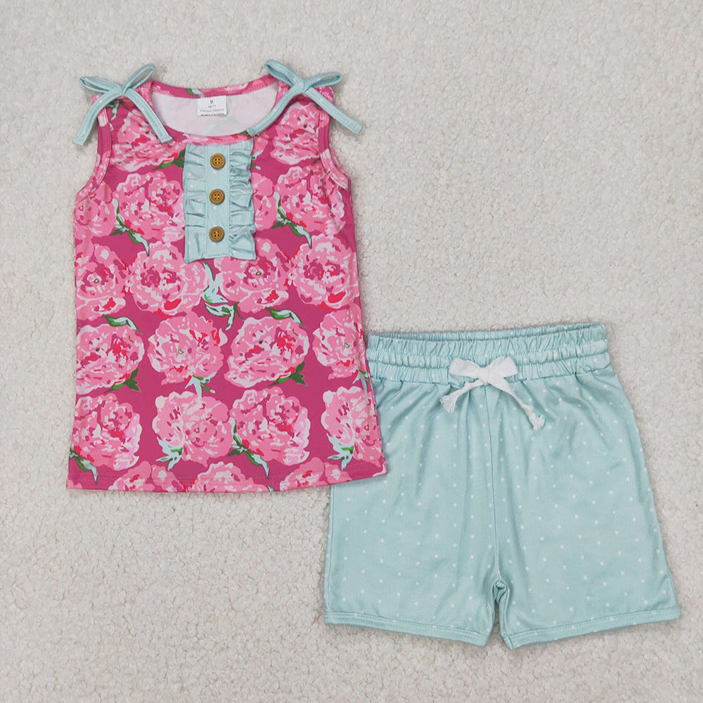 Baby Girl Toddler Sleeveless Flower Buttons Shirt Shorts Sibling Set RTS