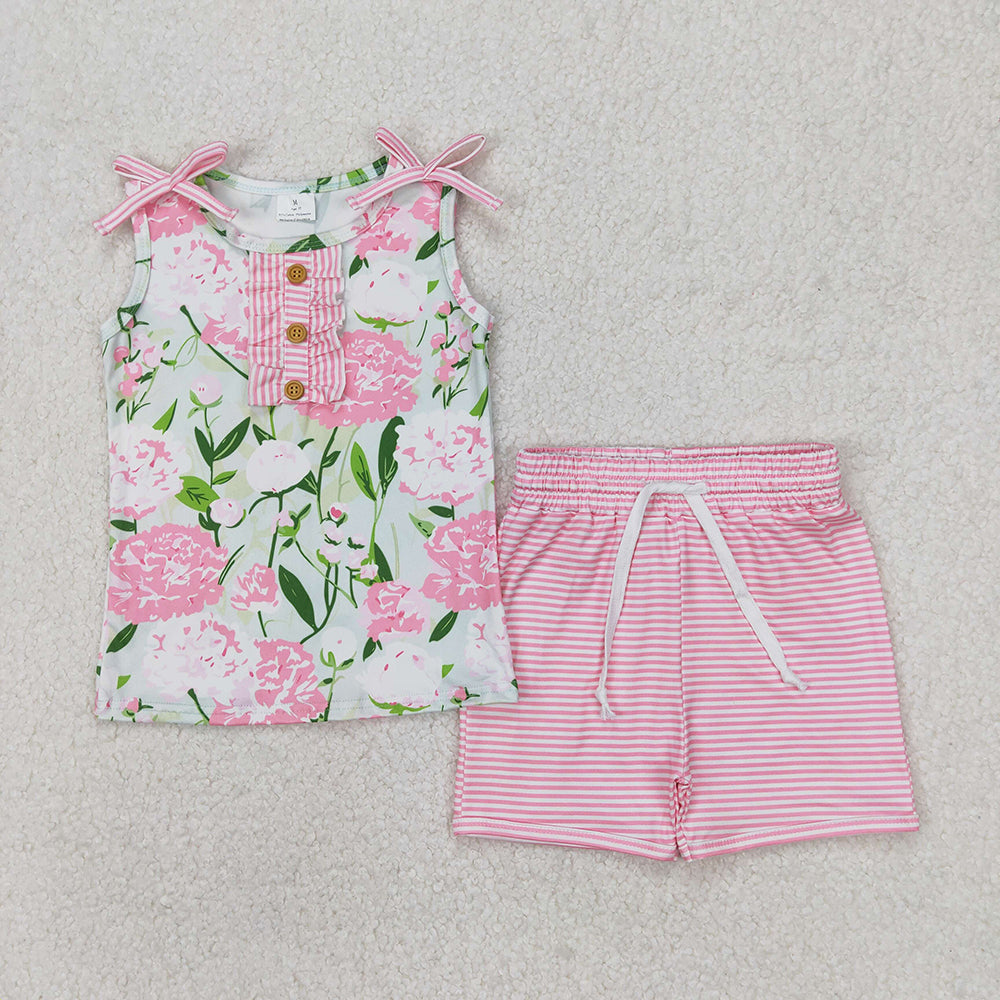 Baby Girl Toddler Sleeveless Flower Buttons Shirt Shorts Sibling Set RTS