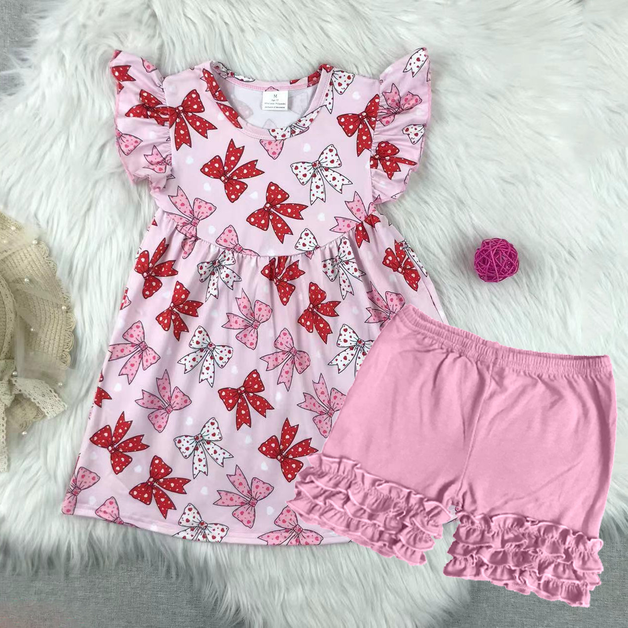 Preorder Baby Girl Short Sleeves Bows Tunic Ruffle Pink Short Clothes Set ( Moq 5 )
