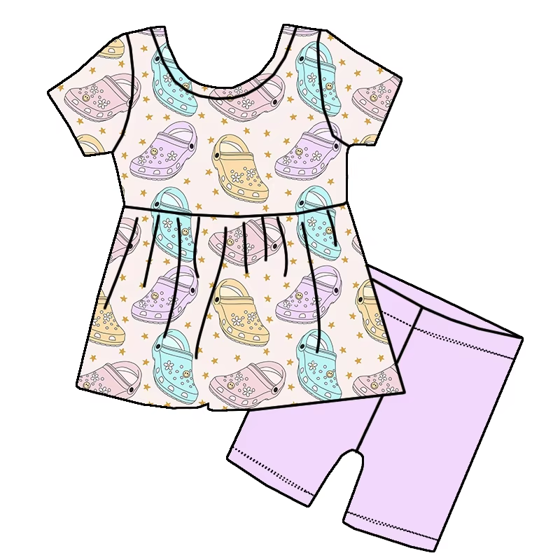 Preorder Baby Girl Short Sleeves Shoes Tunic Purple Short Clothes Set ( Moq 5 )