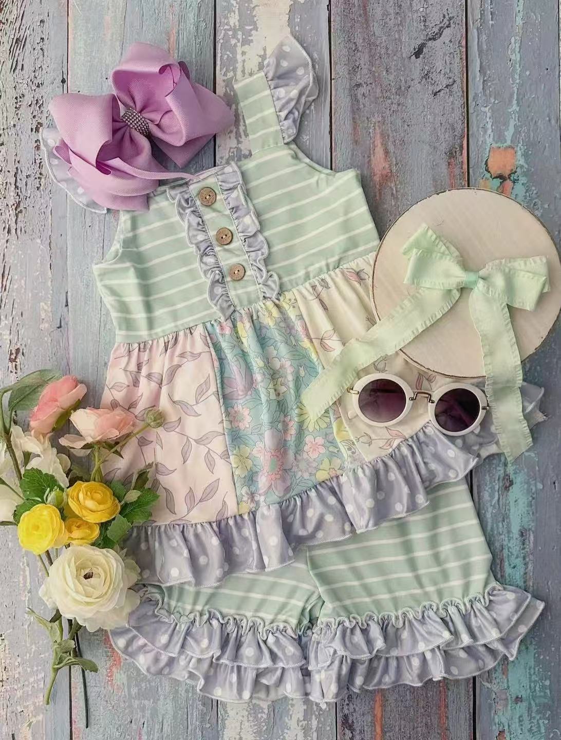 Preorder Baby Girl Short Sleeves Floral Tunic Ruffle Green Stripes Ruffle Short Clothes Set ( Moq 5 )