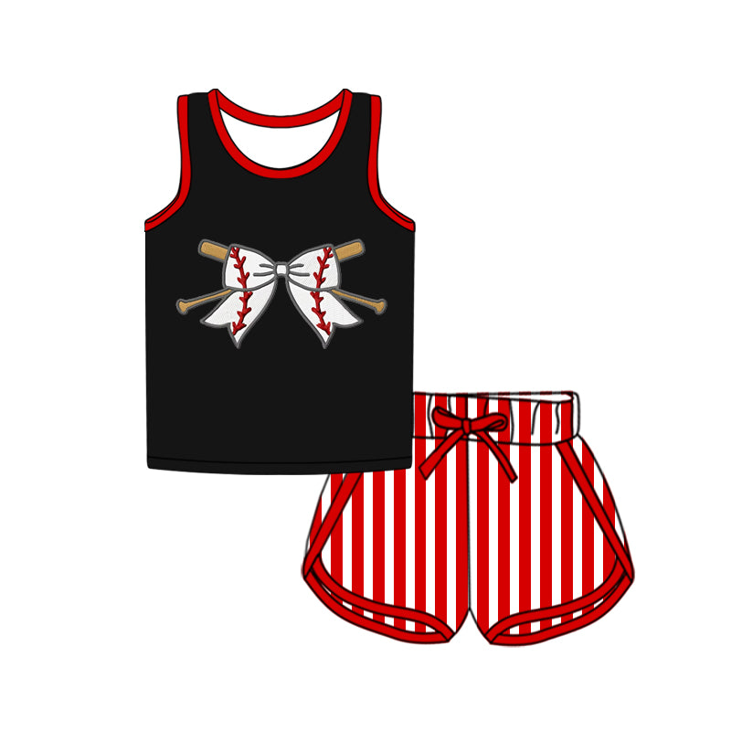 Preorder Baby Girl Sleeveless Baseball Bow Shirt Red Stripes Shorts Sports Set ( Moq 5 )