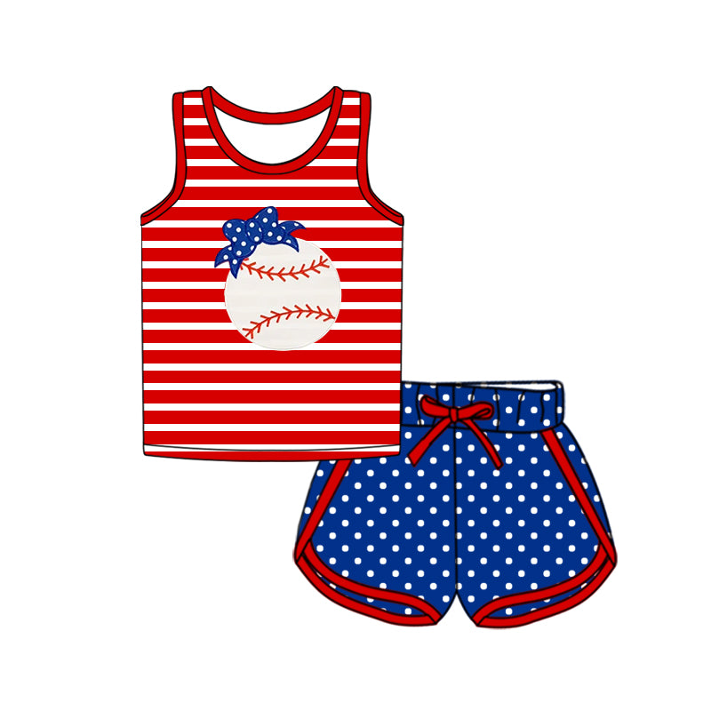 Preorder Baby Girl Sleeveless Baseball Bow Stripes Shirt Dots Shorts Sports Set ( Moq 5 )