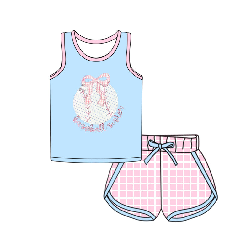 Preorder Baby Girl Sleeveless Baseball Bow Shirt Pink Checked Shorts Sports Set ( Moq 5 )