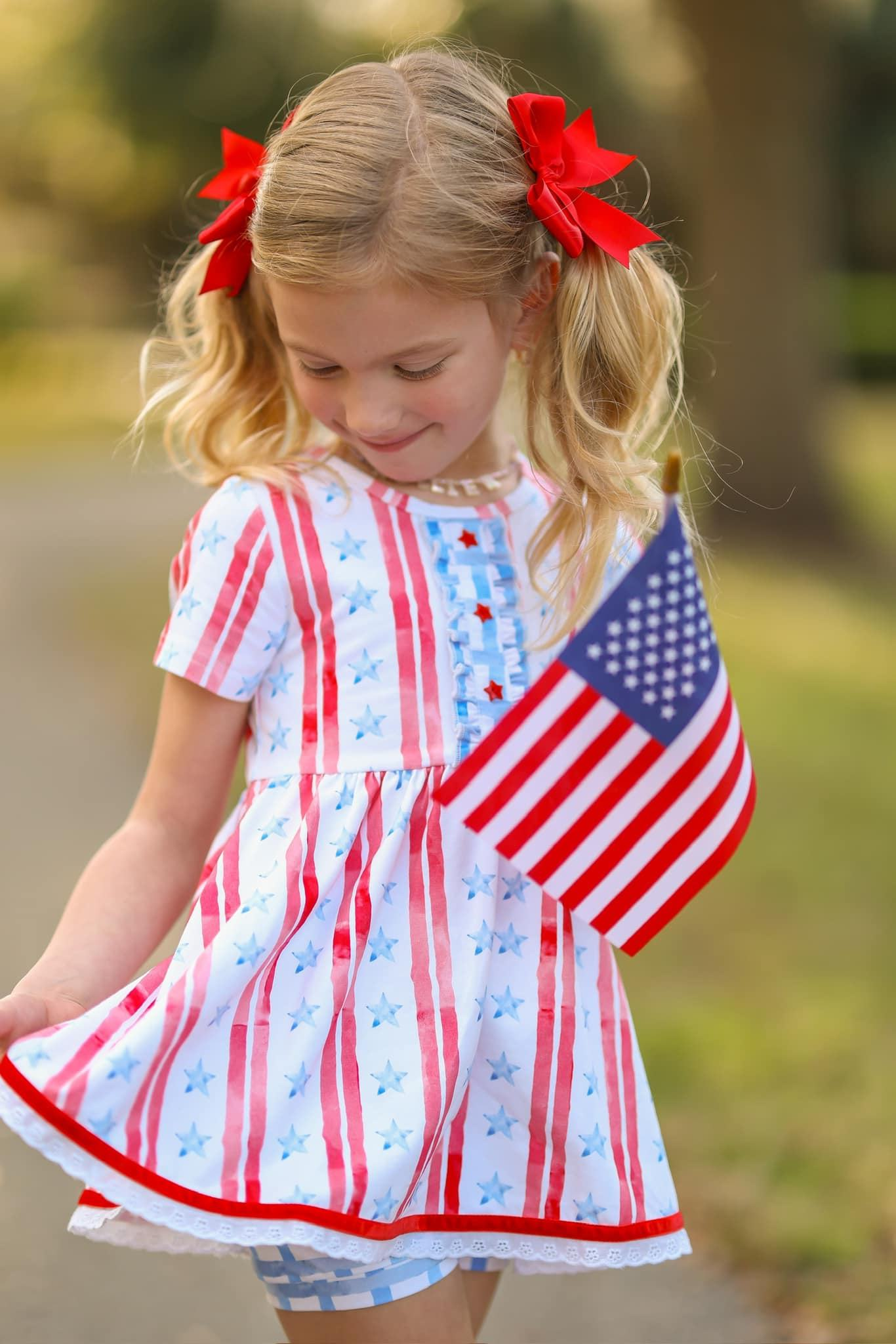 Preorder Baby Girl Short Sleeves Stripes Stars Tunic Shorts 4th Of July Set ( Moq 5 )