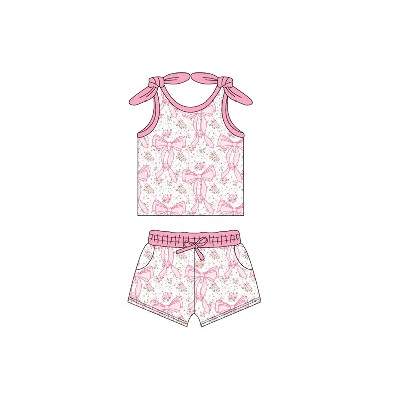 Preorder Baby Girl Straps Pink Bows Floral Shirt Pockets Shorts Set ( Moq 5 )