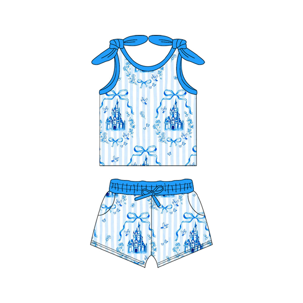 Preorder Baby Girl Straps Blue Bows Floral Shirt Pockets Shorts Set ( Moq 5 )