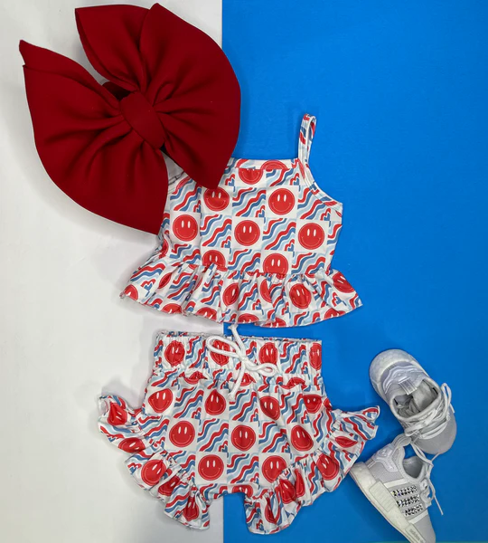 Preorder Baby Girl Strap Smiles Plaid Tunic Ruffle Short Summer Set ( Moq 5 )