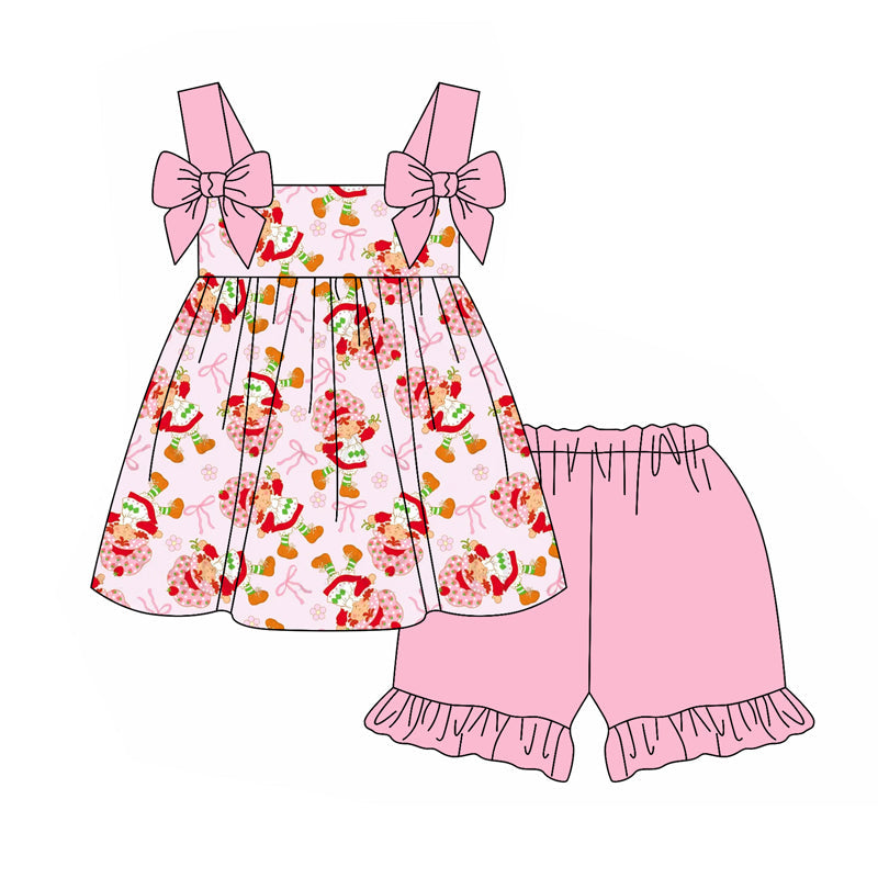 Preorder Baby Girl Strap Bows Strawberry Tunic Pink Ruffle Short Set ( Moq 5 )