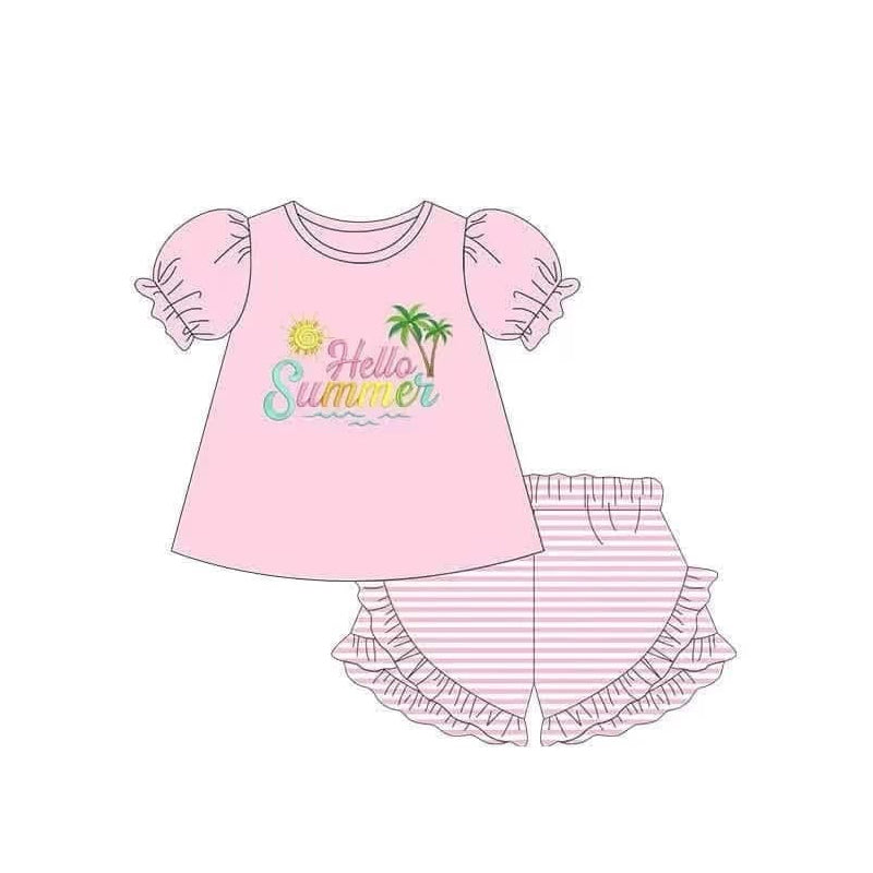 Preorder Baby Girl Short Sleeves Beach Pink Shirt Stripes Ruffle Shorts Set ( Moq 5 )