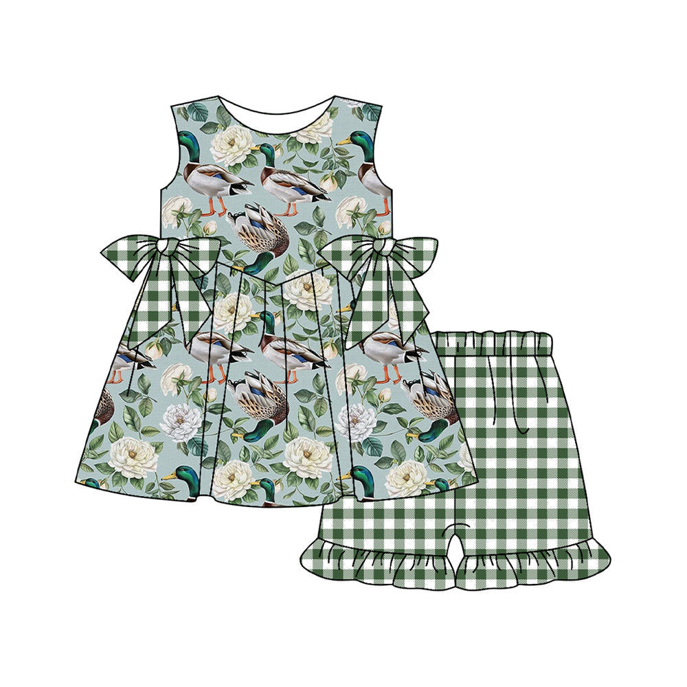 Preorder Baby Girl Sleeveless Ducks Flower Bows Tunic Green Plaid Ruffle Shorts Set ( Moq 5 )