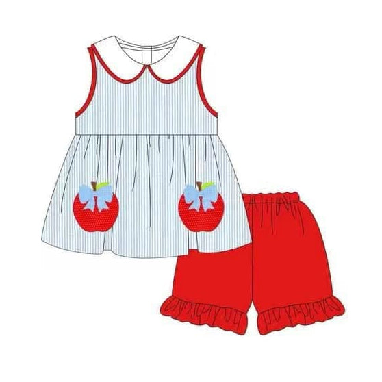 Preorder Baby Girl Back To School Blue Stripes Bows Apple Tunic Red Ruffle Shorts Set ( Moq 5 )