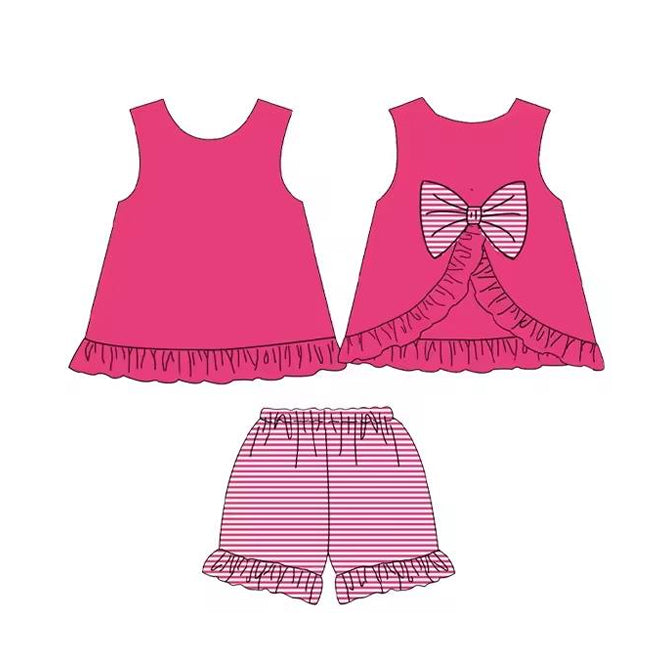 Preorder Baby Girl Sleeveless Bows Pink Tunic Stripes Ruffle Shorts Set ( Moq 5 )