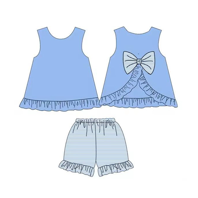 Preorder Baby Girl Sleeveless Bows Tunic Stripes Ruffle Shorts Blue Set ( Moq 5 )