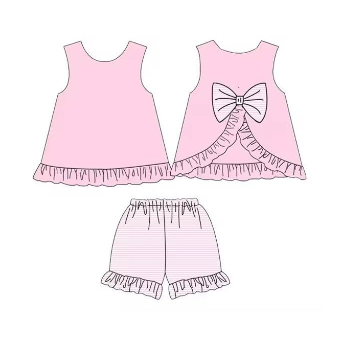 Preorder Baby Girl Sleeveless Bows Tunic Stripes Ruffle Shorts Pink Set ( Moq 5 )
