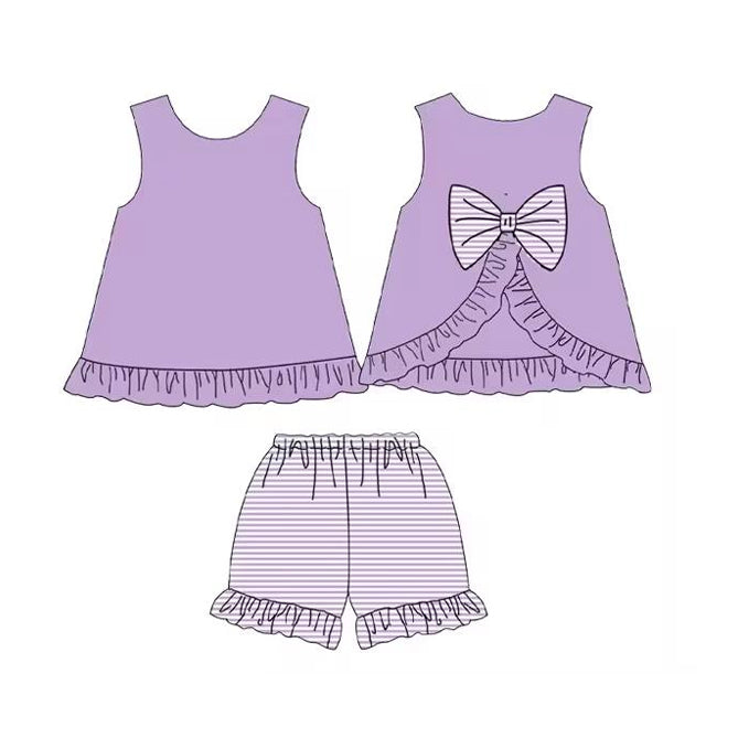 Preorder Baby Girl Sleeveless Bows Tunic Stripes Ruffle Shorts Purple Set ( Moq 5 )