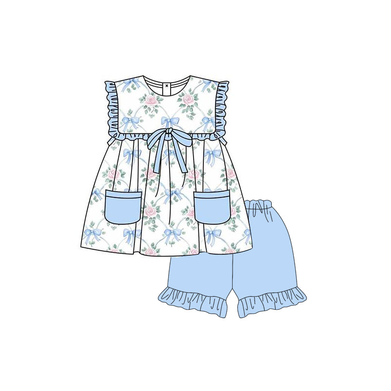 Preorder Baby Girl Sleeveless Bows Flower Pockets Tunic Blue Ruffle Shorts Set ( Moq 5 )