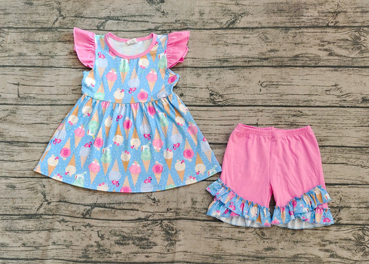 Preorder Baby Girl  Short Sleeves Ice Cream Tunic Ruffle Pink Shorts Set ( No moq )