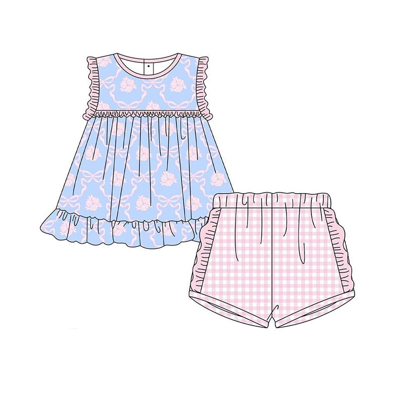Preorder Baby Girl Sleeveless Bows Flower Tunic Pink Plaid Ruffle Shorts Set ( Moq 5 )