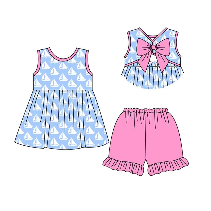 Preorder Baby Girl Sleeveless Boats Bow Tunic Pink Ruffle Shorts Set ( Moq 5 )