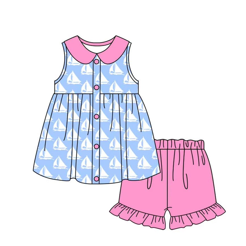Preorder Baby Girl Sleeveless Boats Buttons Tunic Pink Ruffle Shorts Set ( Moq 5 )