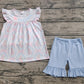 Preorder Baby Girl Short Sleeves Embroidery I LOVE DADDY Flower Bows Tunic Blue Ruffle Shorts Set ( No moq )