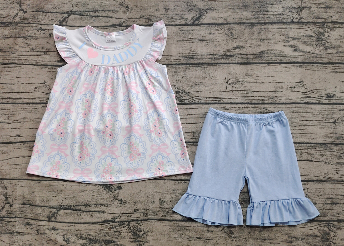 Preorder Baby Girl Short Sleeves Embroidery I LOVE DADDY Flower Bows Tunic Blue Ruffle Shorts Set ( No moq )