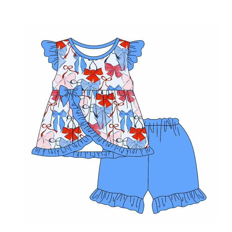 Preorder Baby Girl Short Sleeves Bows Tunic Ruffle Blue Shorts 4th Of July Set ( Moq 5 )