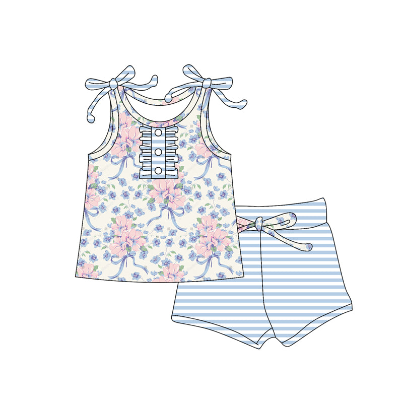 Preorder Baby Girl Straps Buttons Flower Bows Shirt Blue Stripes Shorts Set ( Moq 5 )