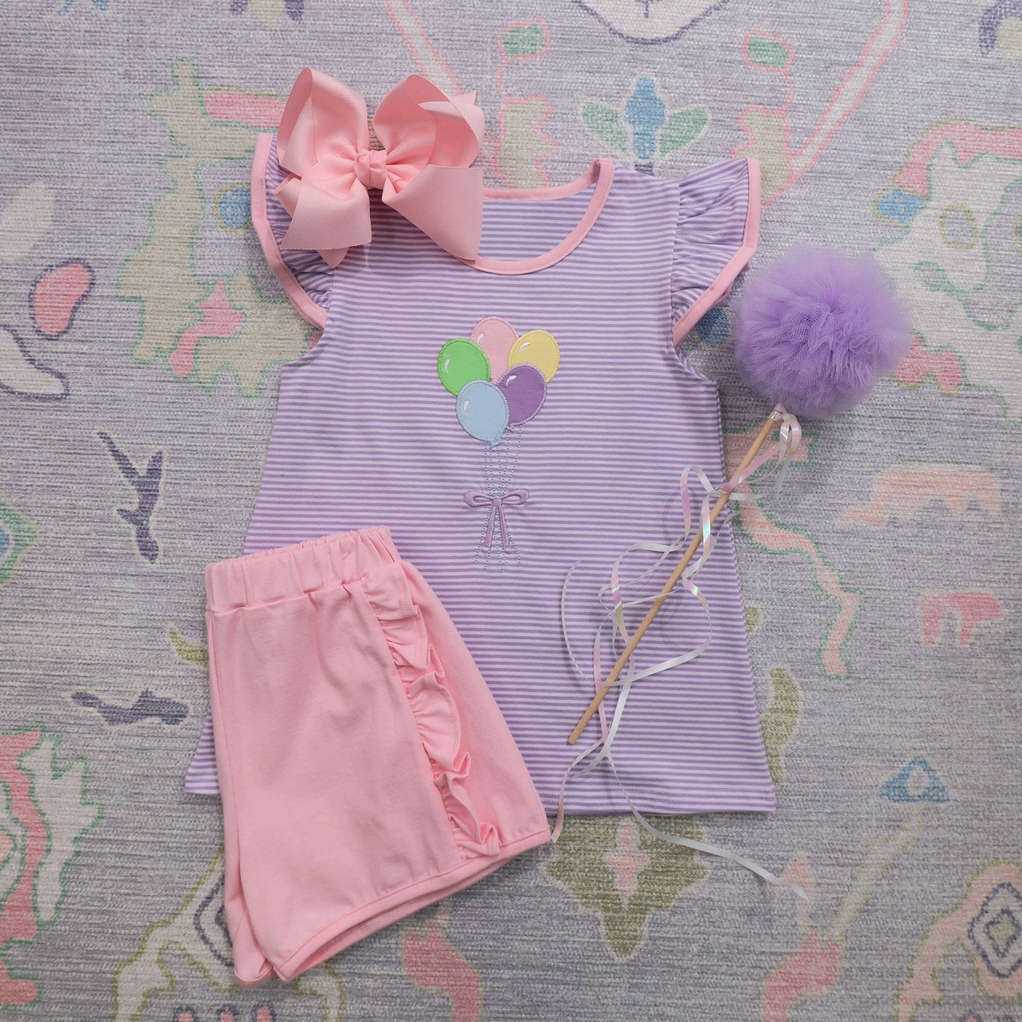 Preorder Baby Girl Toddler Short Sleeves Balloons Purple Stripes Shirt Pink Ruffle Short Set ( Moq 5 )