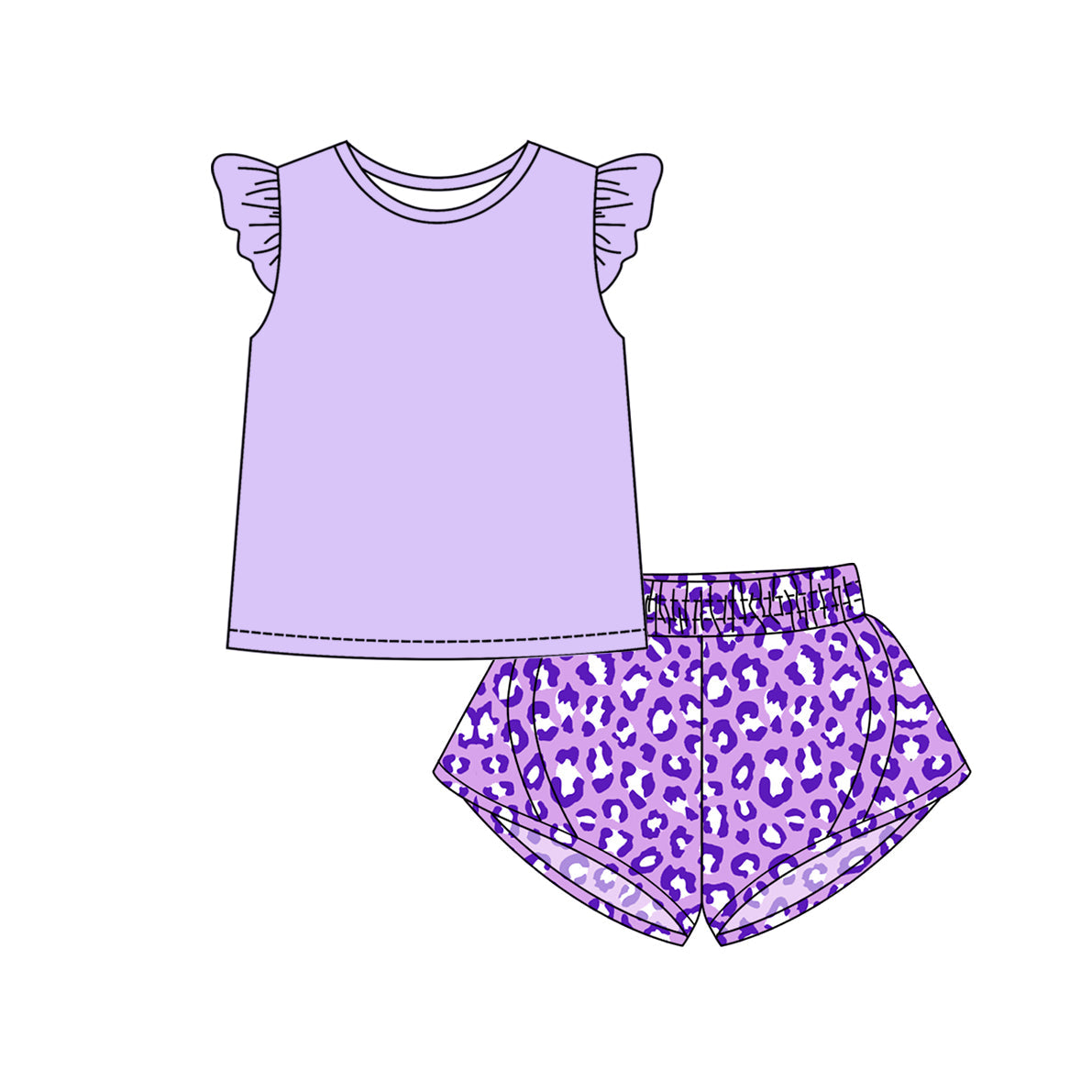 Preorder Baby Girl Short Sleeves Purple Shirt Yoga Active Wear Leopard Shorts Set ( Moq 5 )