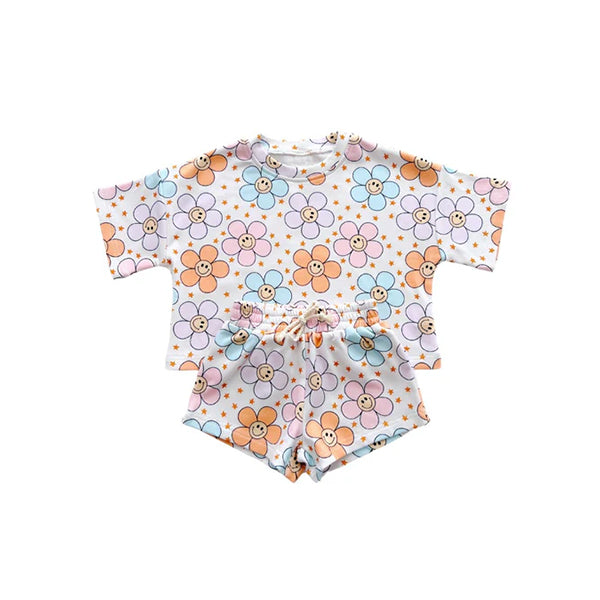 Preorder Baby Girl Toddler Short Sleeves Smile Flower Shirt Shorts Clothes Set ( Moq 5 )