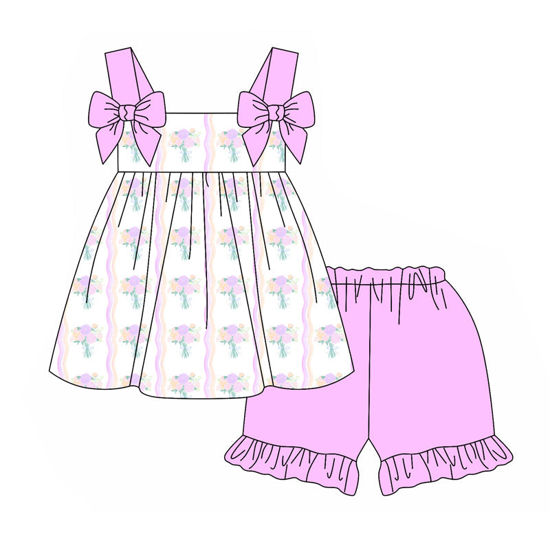 Baby Girl Straps Floral Bows Tunic Tops Purple Ruffle Cotton Shorts Set RTS