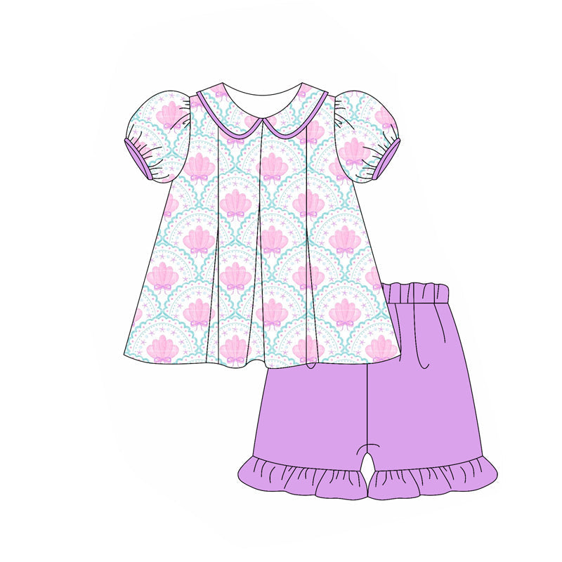 Preorder Baby Girl Short Sleeves Shell Bows Tunic Purple Ruffle Shorts Set ( Moq 5 )