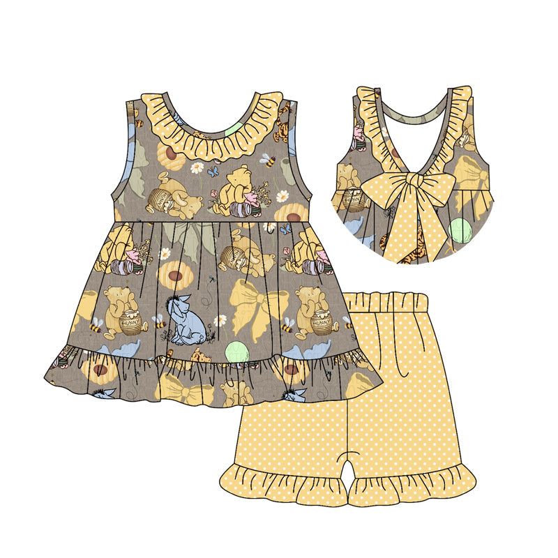 Preorder Baby Girl Sleeveless Cartoon Animals Bows Bear Tunic Shorts Clothes Set ( Moq 5 )