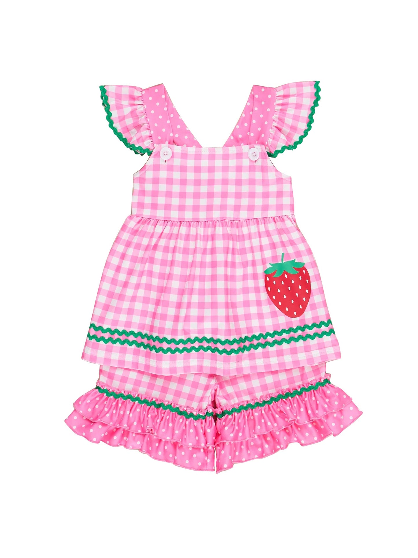 Preorder Baby Girl Short Sleeves Strawberry Tunic Ruffle Pink Plaid Shorts Clothes Set  ( Moq 5 )