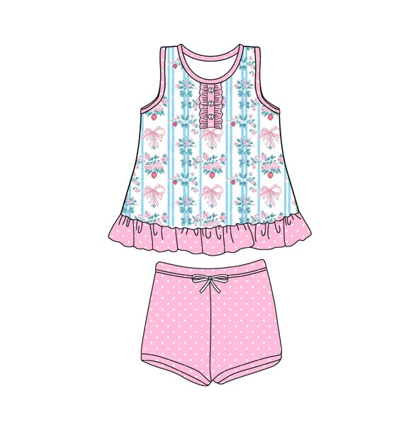 Preorder Baby Girl Sleeveless Flower Bows Tops Pink Shorts Clothes Set ( Moq 5 )