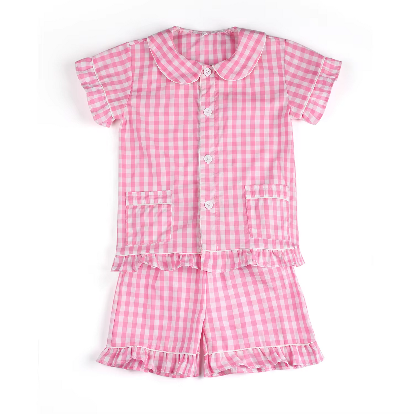 Preorder Baby Girl Short Sleeves Pockets Buttons Shirt Pink Checked Shorts Pajamas Set ( Moq 5 )