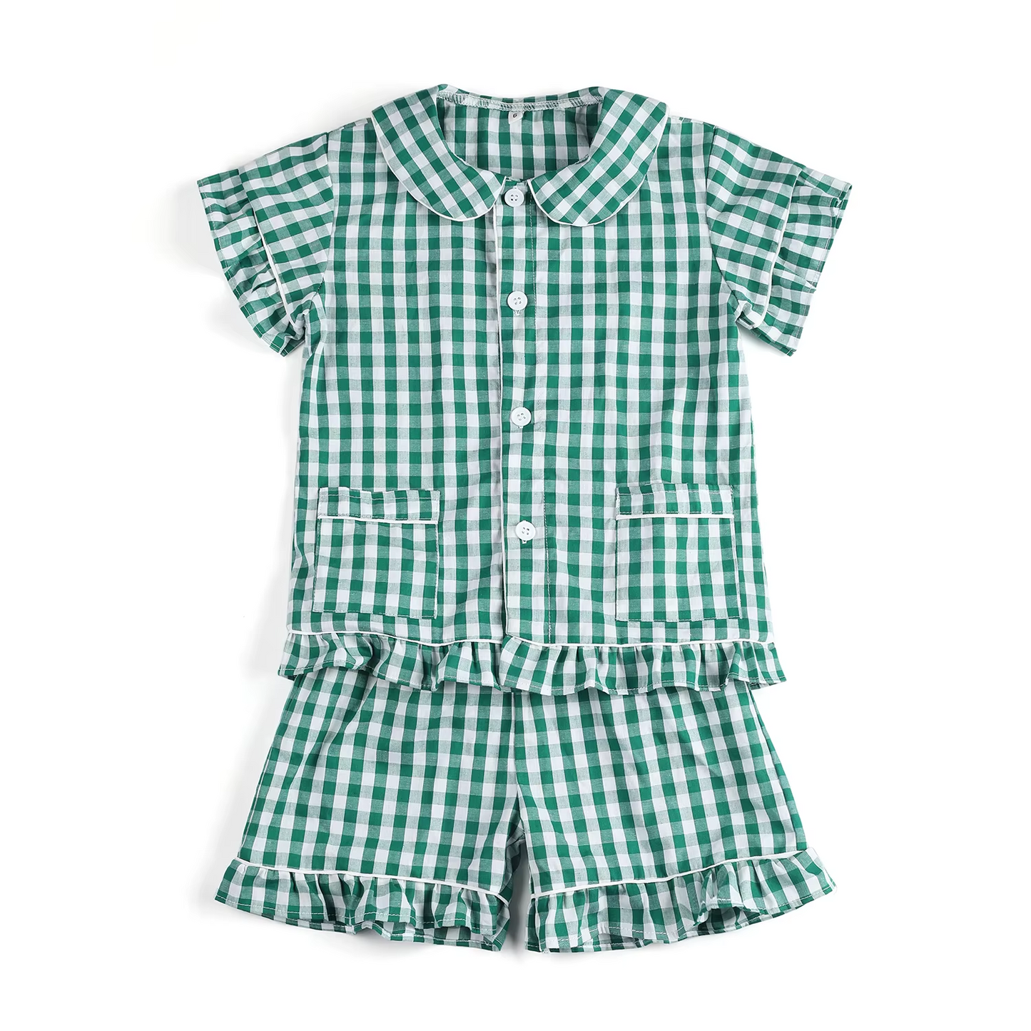 Preorder Baby Girl Short Sleeves Pockets Buttons Shirt Green Checked Shorts Pajamas Set ( Moq 5 )