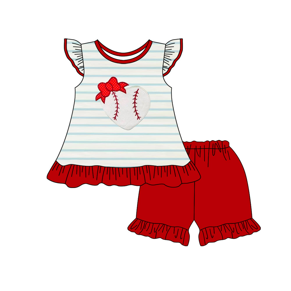 Preorder Baby Girl Short Sleeves Baseball Stripes Tops Red Shorts Clothes Set（ Moq 5 ）