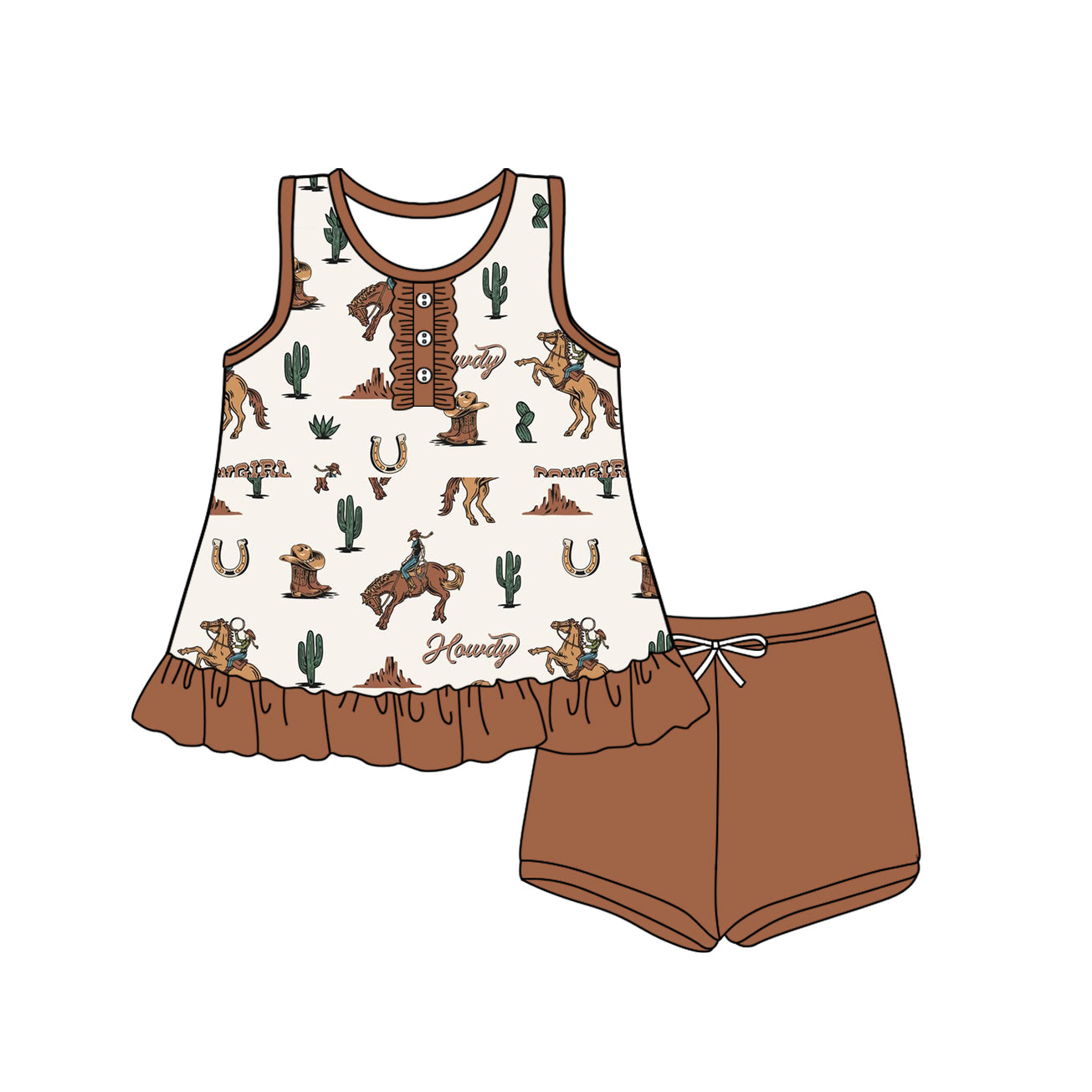 Preorder Baby Girl Sleeveless Western Rodeo Tops Brown Shorts Clothes Set（ Moq 5 ）