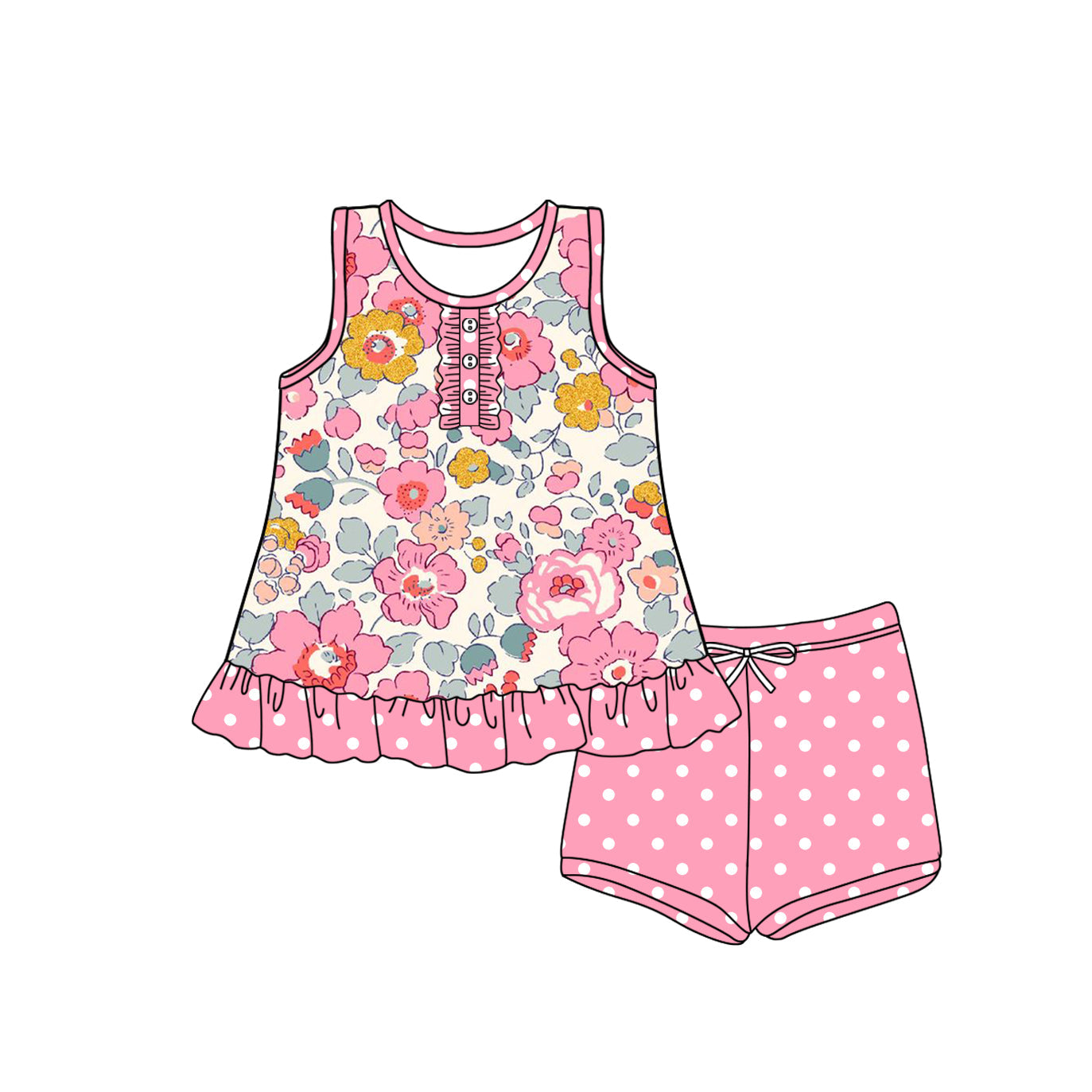 Preorder Baby Girl Toddler Sleeveless Flower Tops Dots Pink Shorts Set ( Moq 5 )