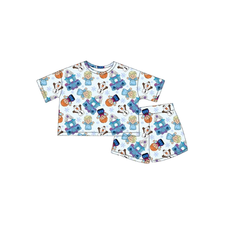 Preorder Baby Girl Blue Short Sleeves Princess Shirt Short Pajamas Set (  Moq 5 )