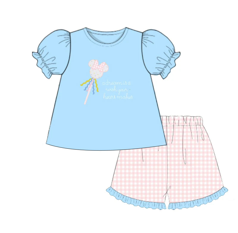 Preorder Baby Girl Blue Short Sleeves Mouse Candy Tunic Plaid Short Set (  Moq 5 )