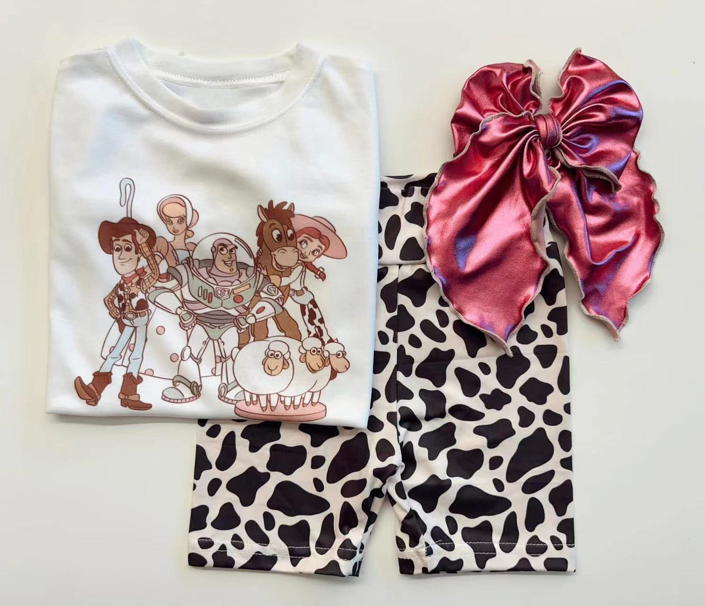 Preorder Baby Girl Short Sleeves Cartoon Toys Shirt Western Cow Print Shorts Set ( Moq 5 )