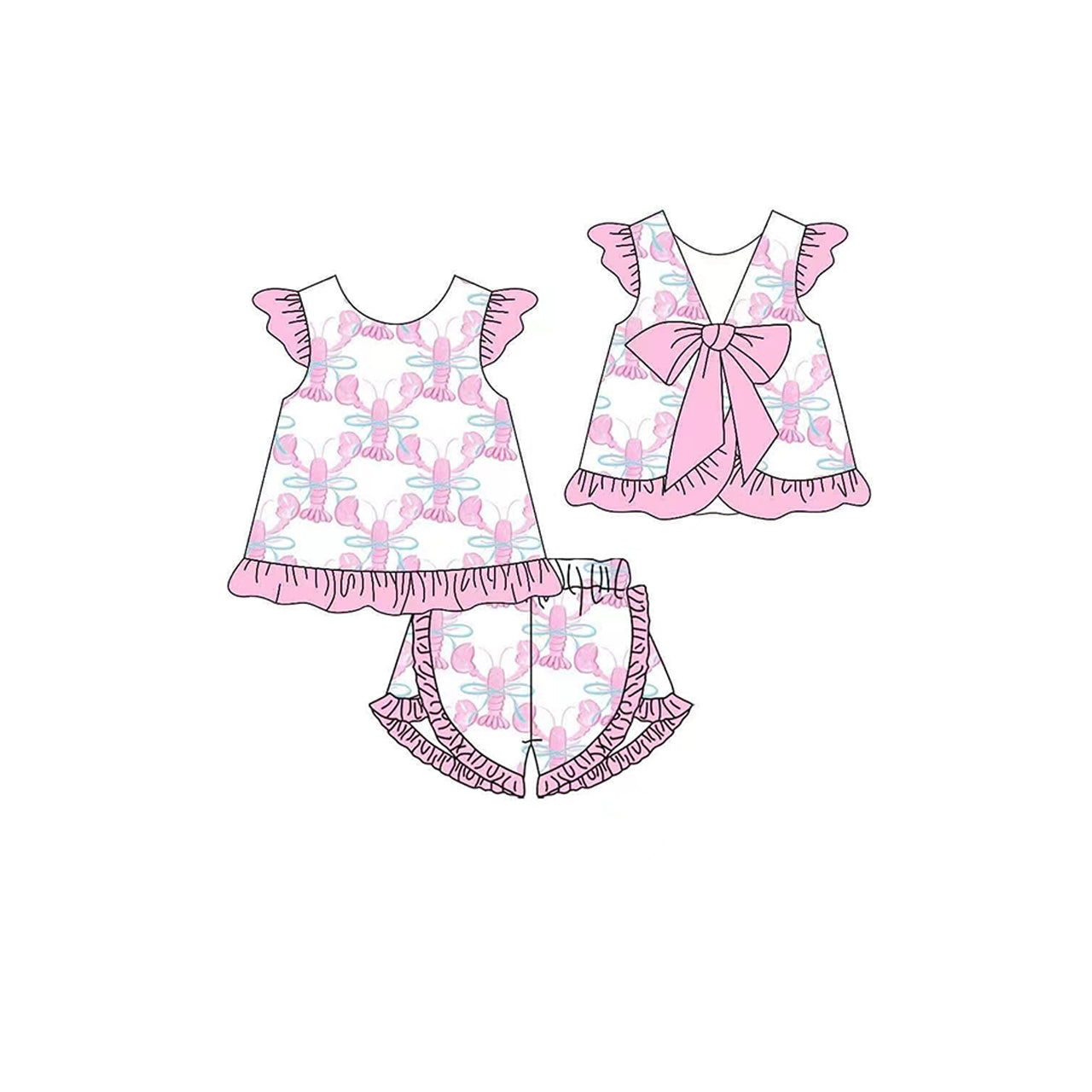 Preorder Baby Girl Crawfish Bows Tunic Tops Ruffle Shorts Set ( Moq 5 ）