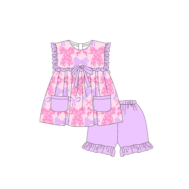 Baby Girl Short Sleeves Purple Pink Bows Pockets Tunic Tops Cotton Shorts Set RTS