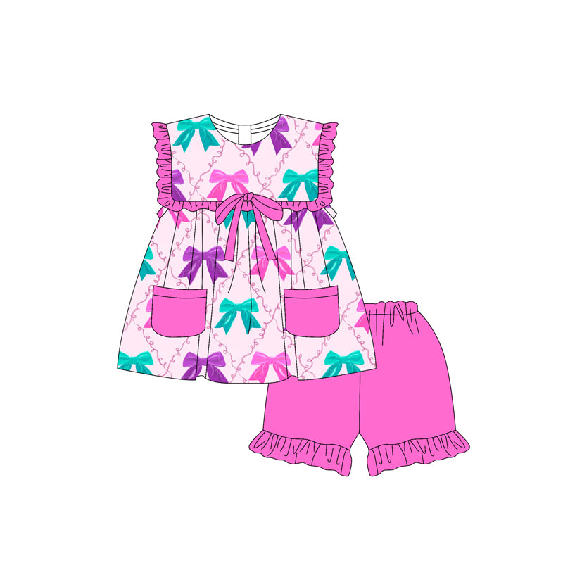 Preorder Baby Girl Colorful Bows Pockets Ruffle Tunic Pink Shorts Set ( Moq 5 ）