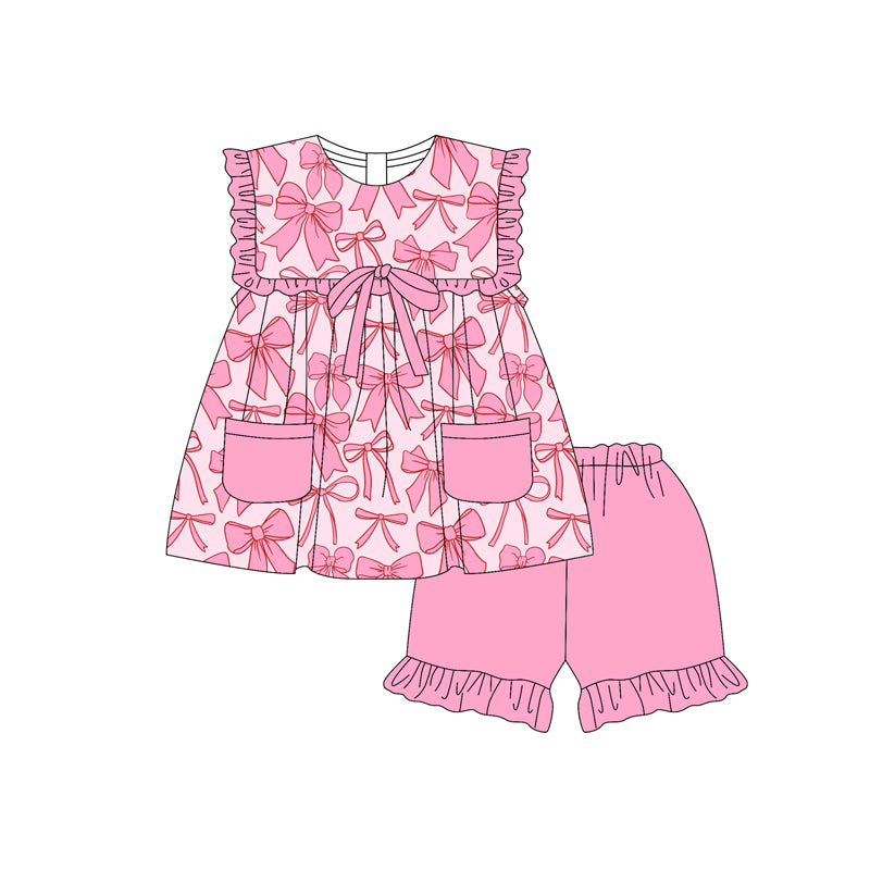 Preorder Baby Girl  Pink Bows Pockets Tunic Tops Shorts Set ( Moq 5 ）
