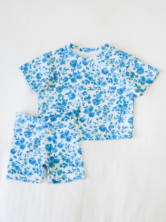 Preorder Baby Girl Short Sleeves Blue Flower Shirt Pajamas Shorts Set ( Moq 5 )